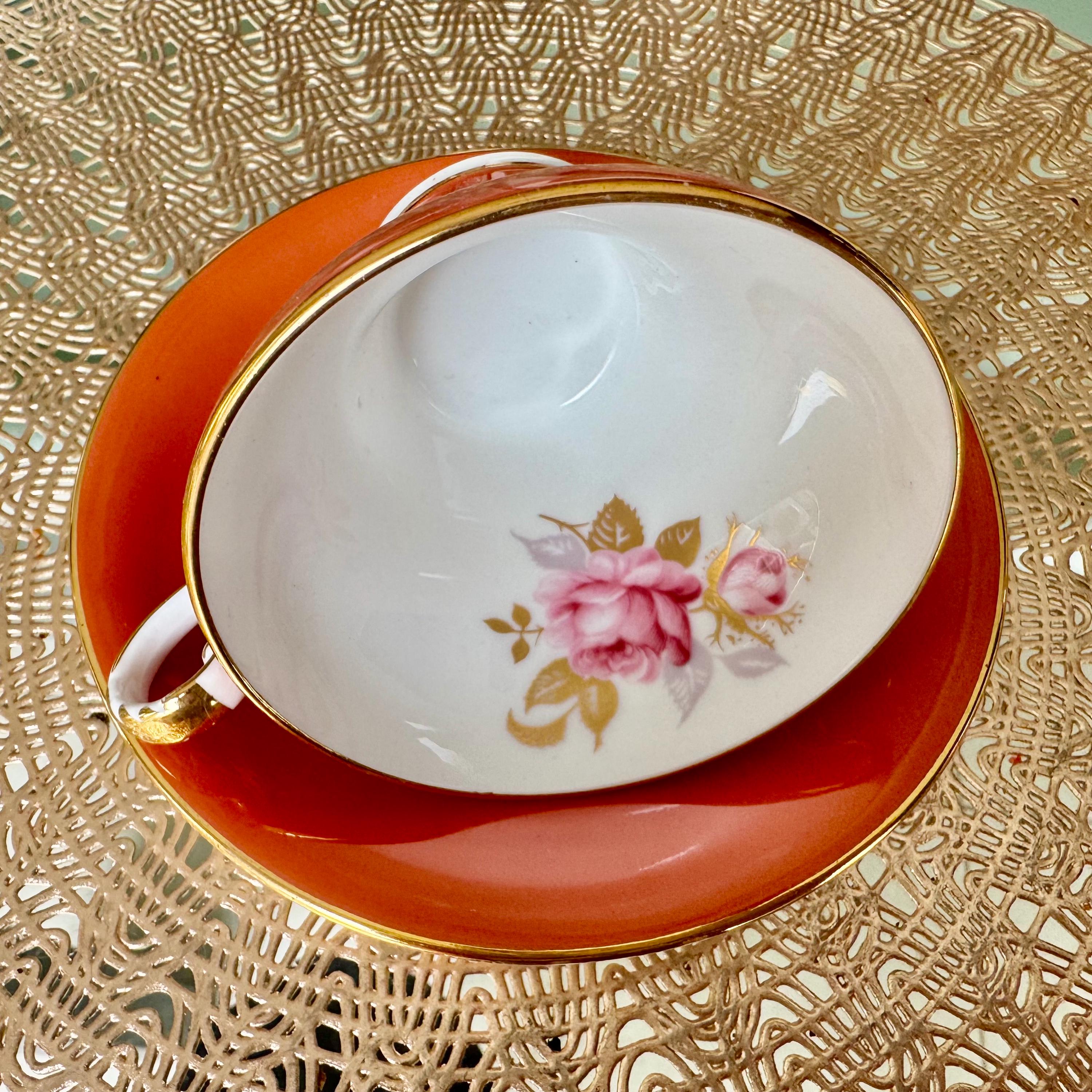 Vintage Aynsley Burnt Orange Teacup & Saucer – Gilded Rose Interior – English Bone China