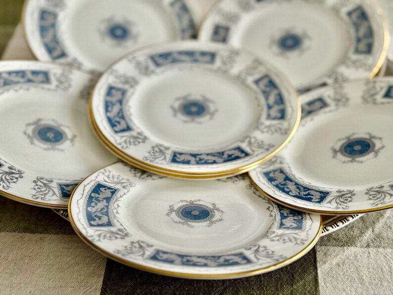 Set of 7 Coalport Revelry Dessert Plates – Blue White Bone China, Gold Rim image 4