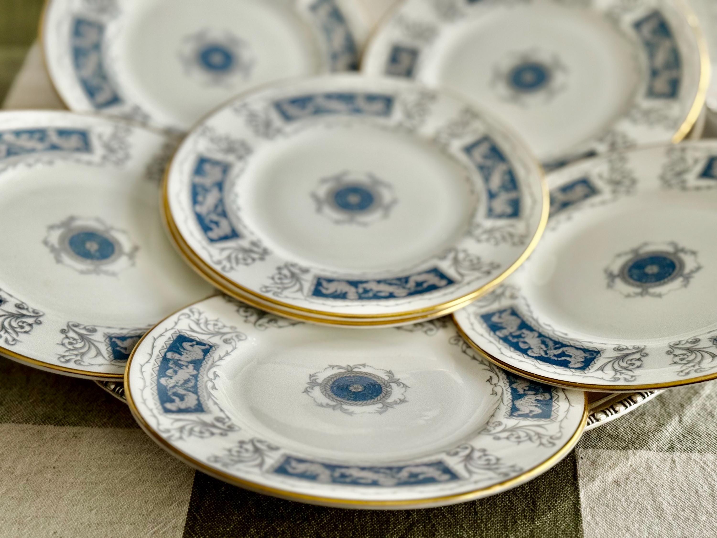 Set of 7 Coalport Revelry Dessert Plates – Blue White Bone China, Gold Rim