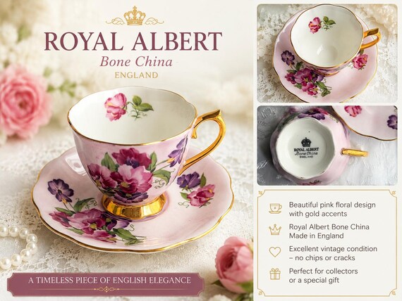 Royal Albert Sweet Pea Teacup Saucer Set – Pink Floral Bone China England
