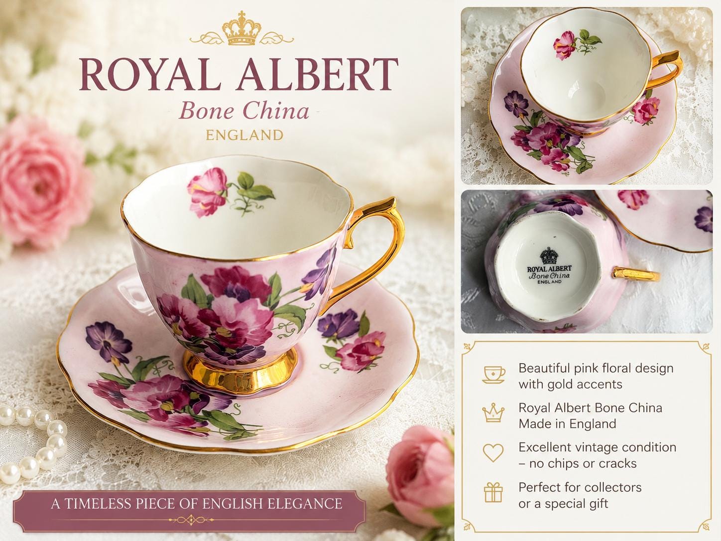 Royal Albert Sweet Pea Teacup Saucer Set – Pink Floral Bone China England