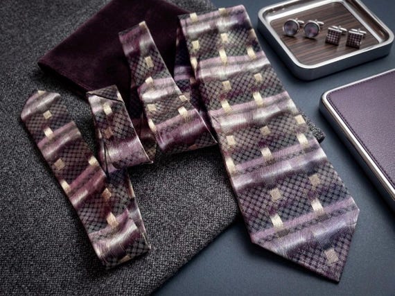 Vintage Tiziano Milano Silk Necktie – Plum Geometric Designer Men's Neckwear Canada