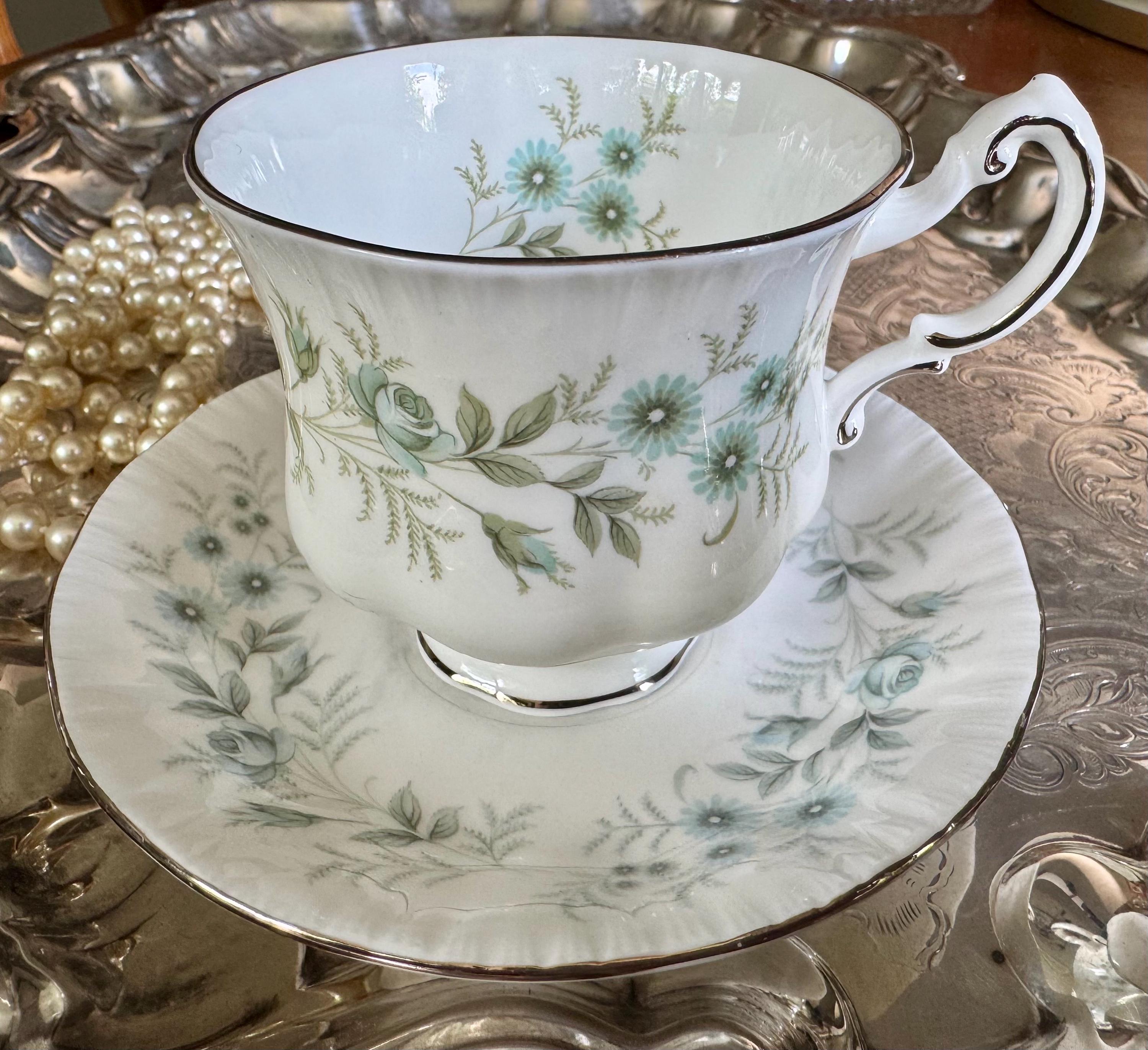 Vintage Paragon “Debutante” Teacup & Saucer Set – Pale Blue Florals Silver Rim