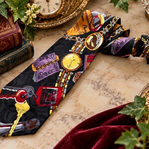 May include: A black necktie featuring a repeating pattern of gold-toned keys, red key tags with the letters HR, purple books, and gold pocket watches. The fabric has a subtle tonal swirl design throughout the dark background.