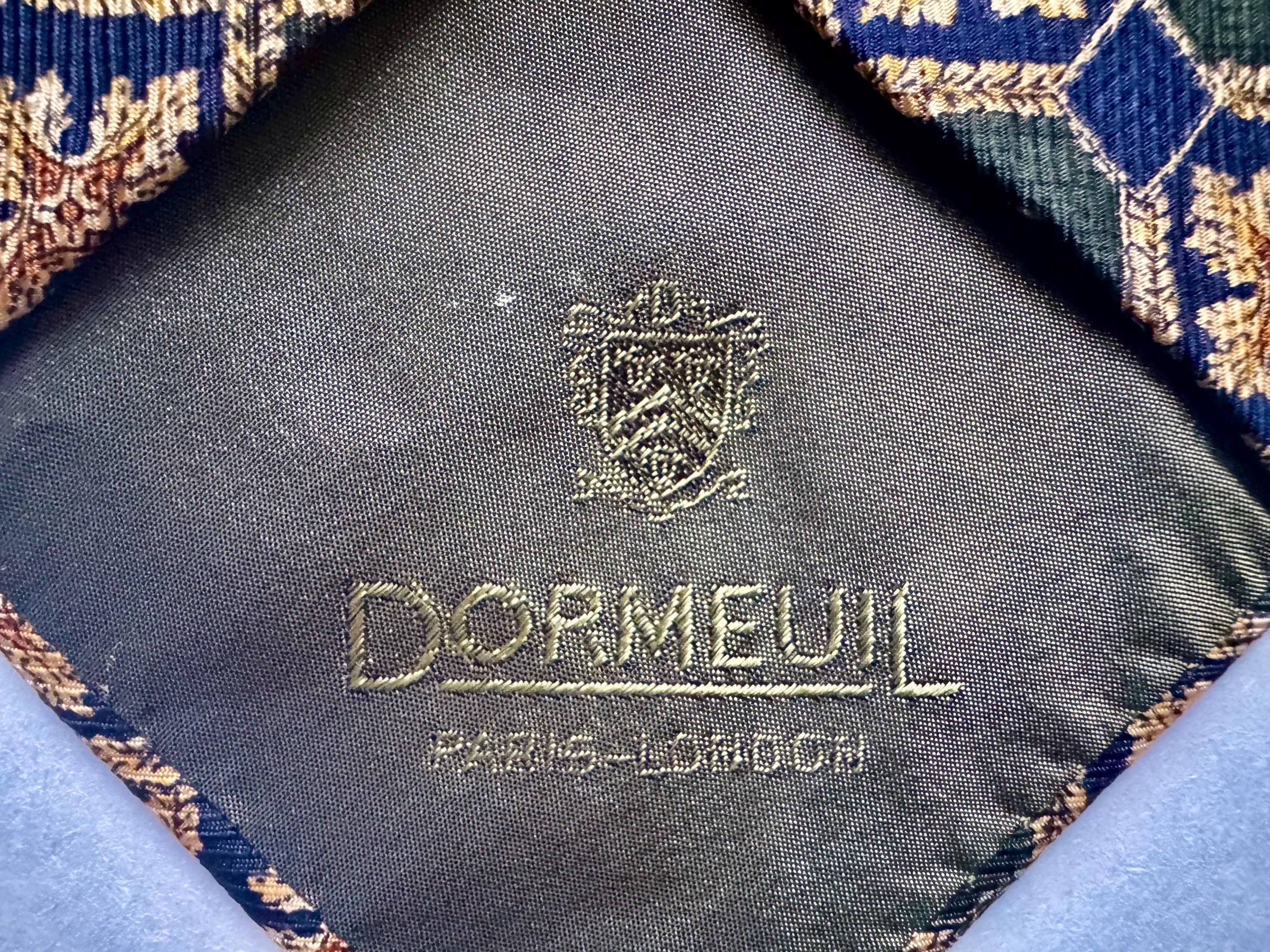 Vintage Dorméuil 100% Silk Tie — Paris London — Navy Green Gold Geometric Pattern — Made in Italy
