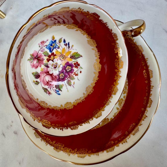 Vintage Aynsley Teacup and Saucer: Burgundy Floral, Gold Trim, Made in England