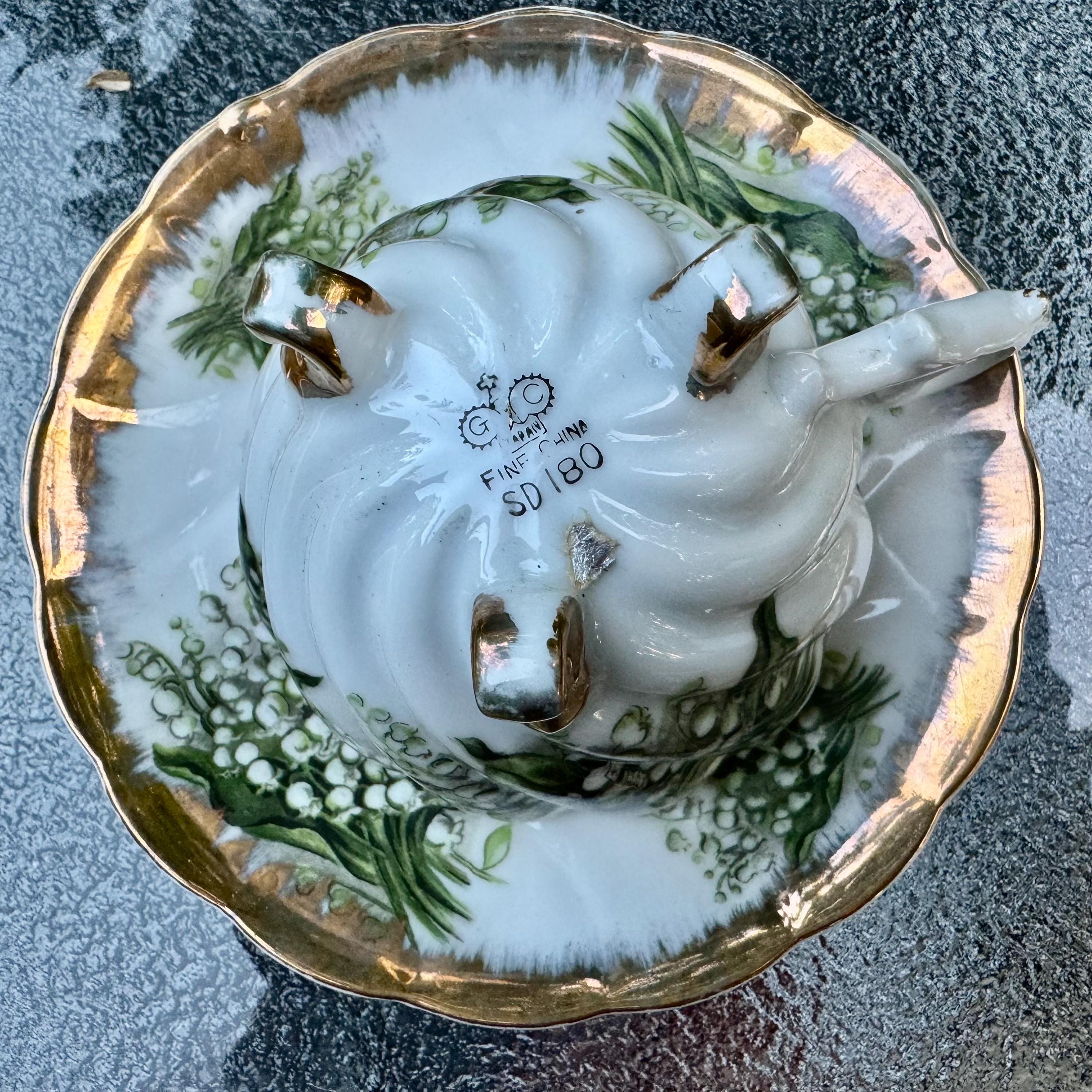 Vintage Giftcraft GC Lily of the Valley Tripod Teacup Saucer Japan Three Legged Gold Fine China