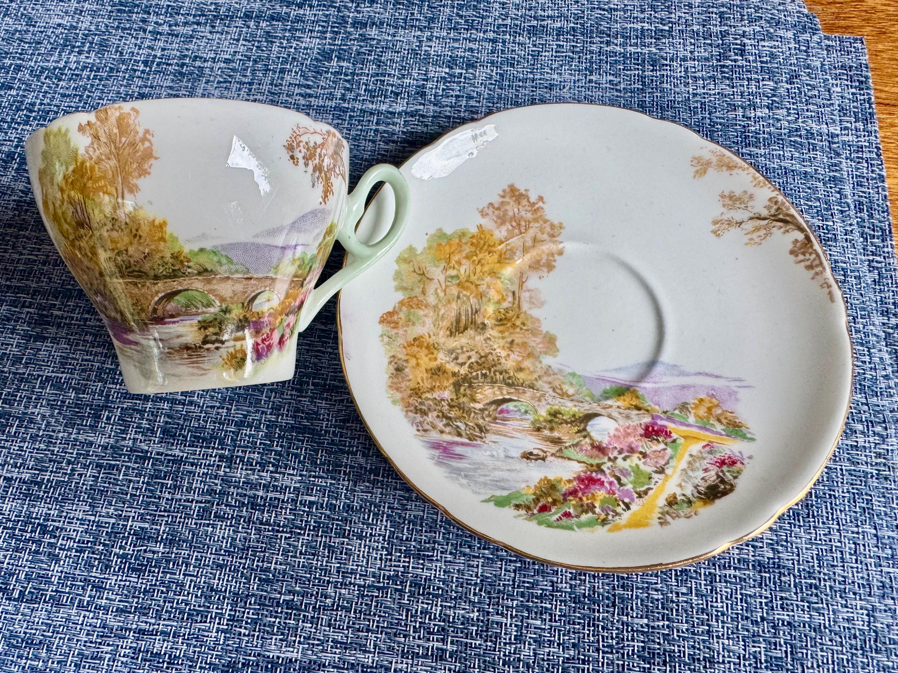 Vintage Shelley “Heather” Bone China Teacup & Saucer — Scenic Landscape — England
