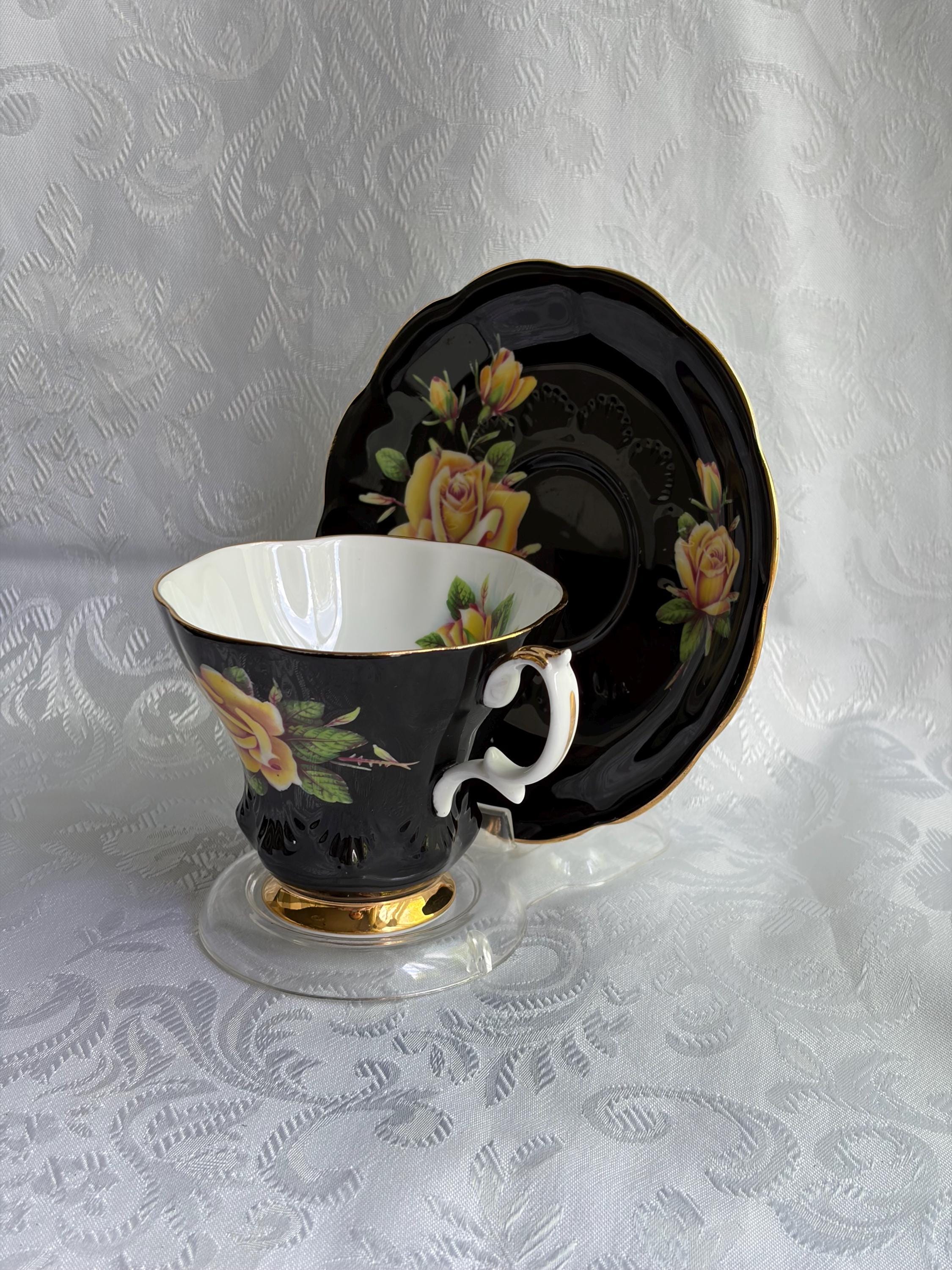 Royal Albert Rosemary Teacup Saucer | Black Yellow Roses Fine China England