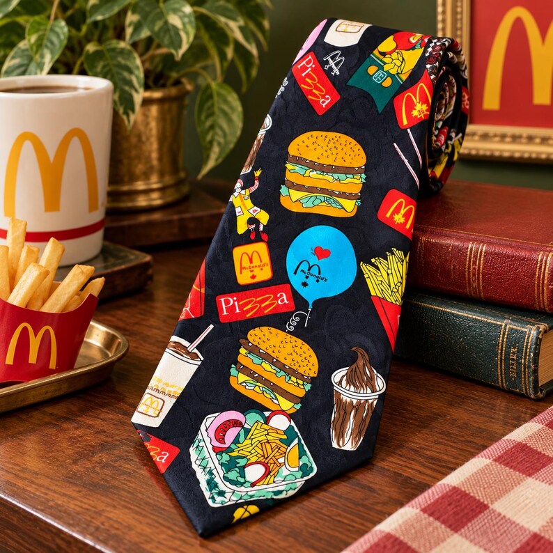 Pu&ograve; includere: Una cravatta nera con un motivo ripetuto di prodotti alimentari McDonald's, tra cui hamburger, patatine fritte, insalate e gelato, insieme al logo McDonald's, un palloncino blu con un cuore e la parola Pizza.