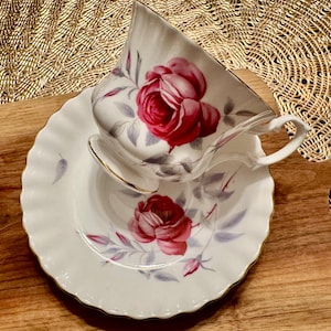 May include: A white teacup and saucer with a floral design featuring pink roses and gray leaves. The teacup has a handle and the saucer has a scalloped edge.