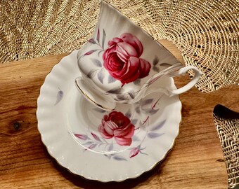 Vintage Royal Albert Bell Shape Cup and Saucer - Red Rose Pattern with Gold Trim