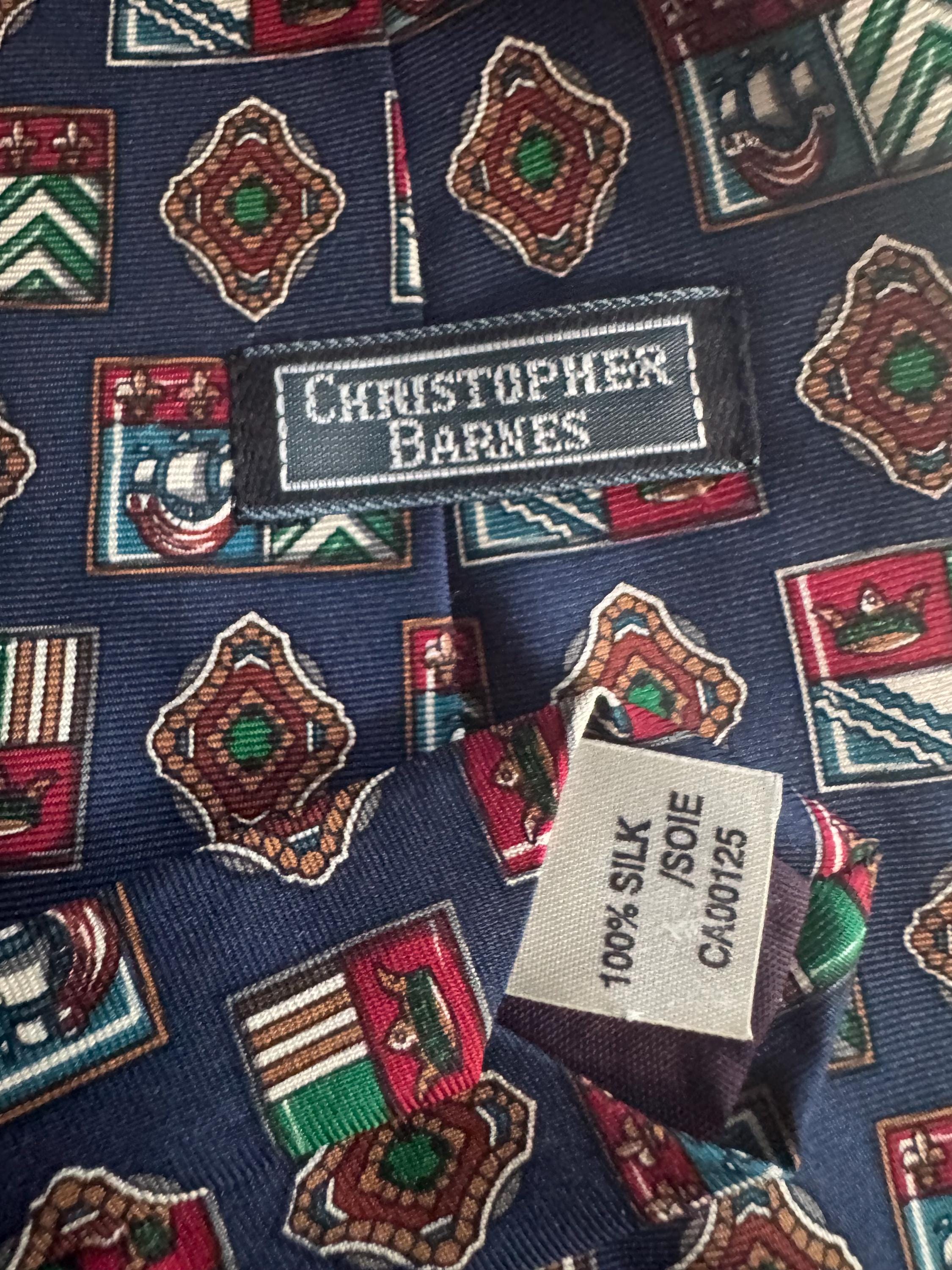 Vintage Christopher Barnes 100% Silk Necktie | Made in Canada | Nautical Heraldic Crest Pattern Tie