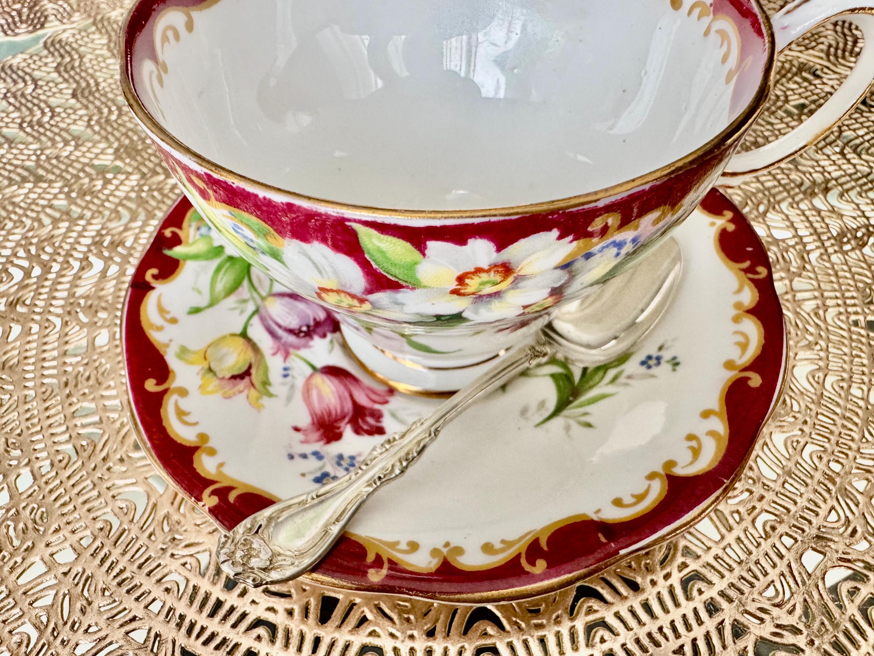 Vintage Bell Fine Bone China Teacup Set: Narcissus Floral, Antique Silverplate Spoon
