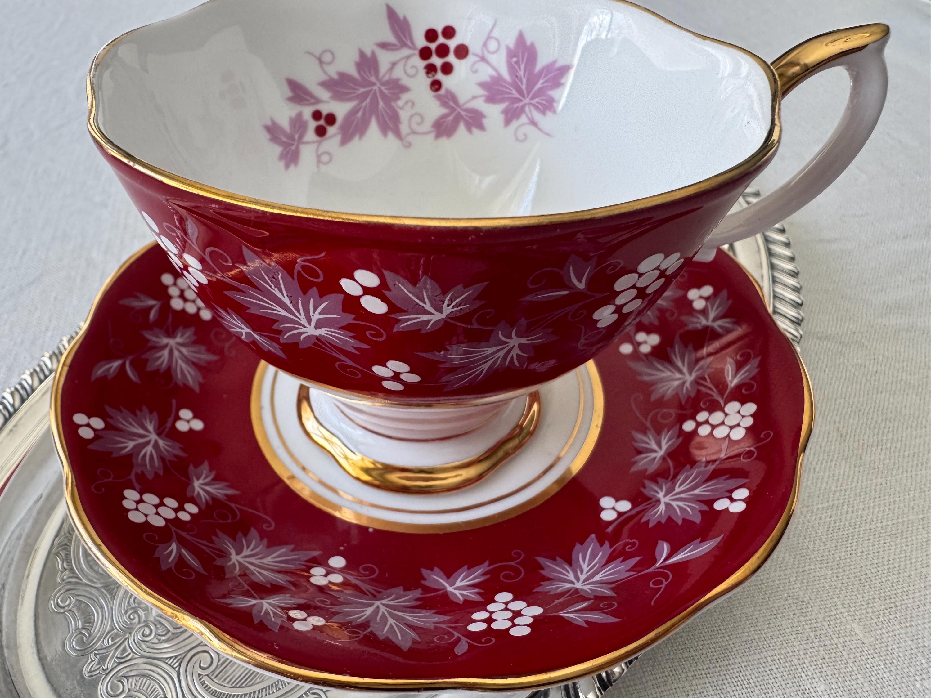 Royal Albert “Reims” Teacup & Saucer – Chateau Series – Ruby Red, Grape Motif