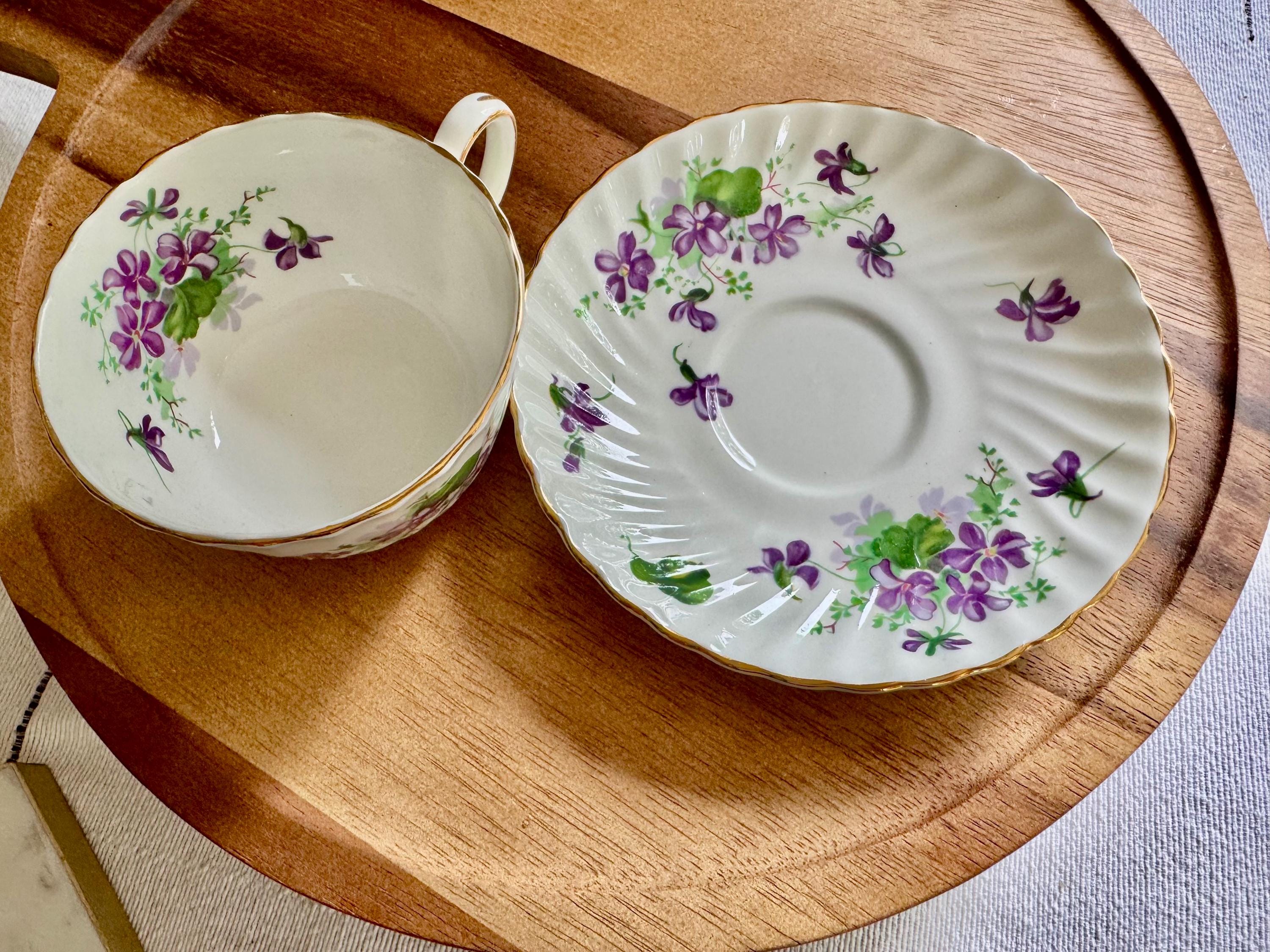 Vintage Adderley Teacup & Saucer – Forget Me Nots or Purple Violets – England – Swirl Shape