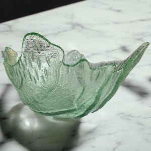 Pu&ograve; includere: Una ciotola in vetro verde chiaro traslucido con una forma organica simile a una foglia. La ciotola presenta una superficie ruvida e satinata con nervature in rilievo e bordi irregolari e ondulati che imitano una foglia vegetale ripiegata.