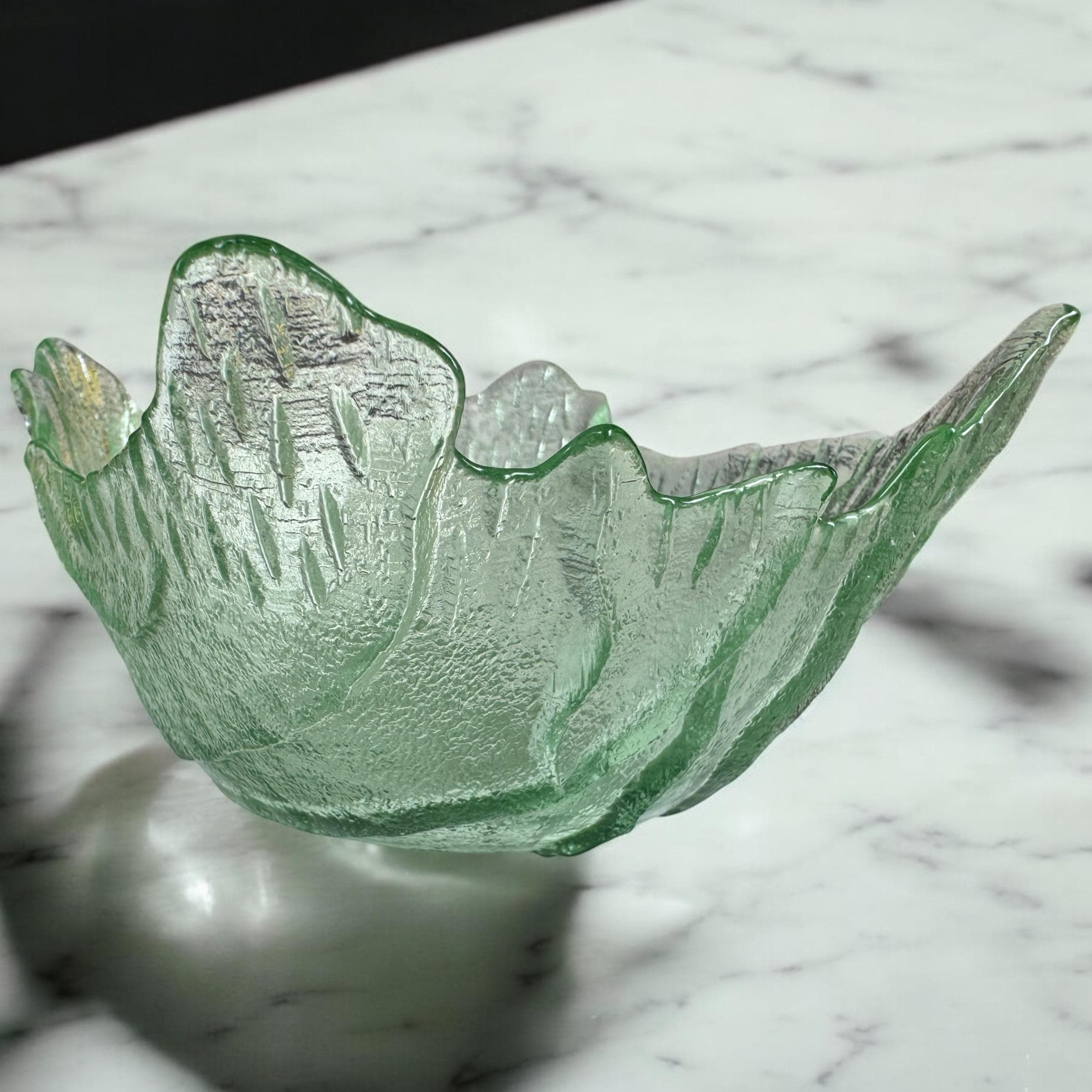 Mid-Century Sea Green Blown Glass Bowl – Leaf Textured & Sculptural – Possibly Scandinavian