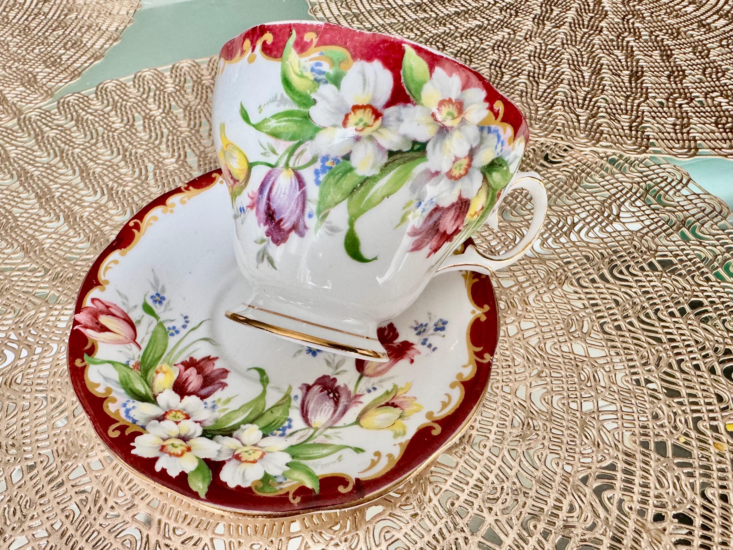 Vintage Bell Fine Bone China Teacup Set: Narcissus Floral, Antique Silverplate Spoon
