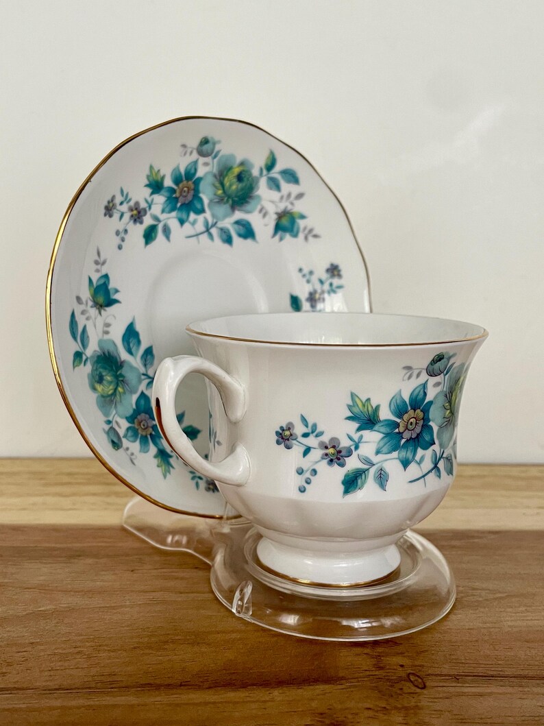 Vintage Queen Anne Bone China Cup ONLY – Teal Green Floral – England image 4