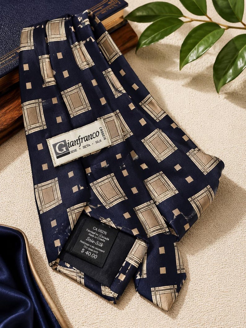 May include: A navy blue silk tie with a repeating pattern of tan squares and smaller tan squares. The tie has a label that reads "Gianfranco" and "Soie Seta Silk". The tag also indicates the tie is made in Canada and is silk.
