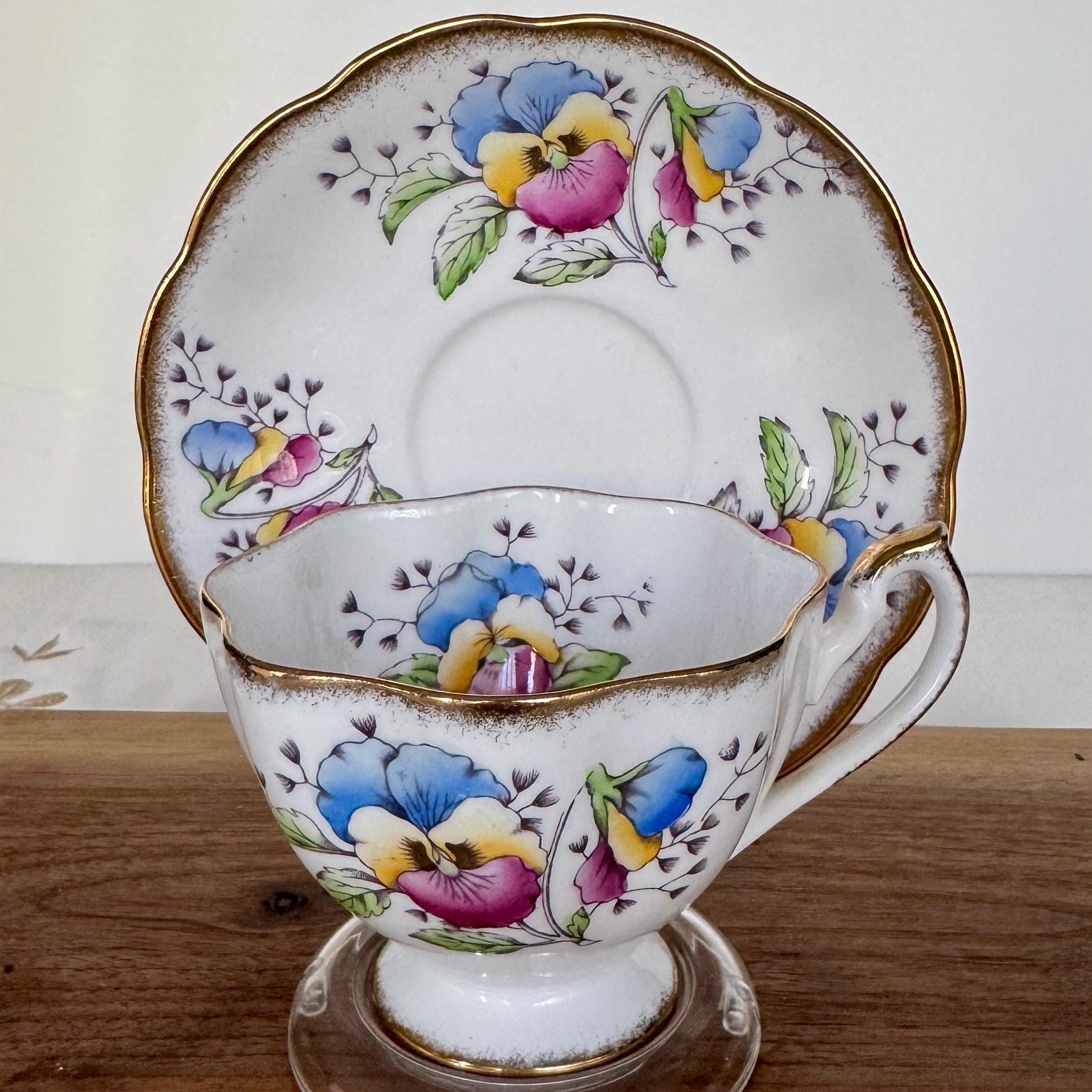 Vintage Queen Anne Teacup and Saucer – “Country Gardens: Pansy” – Multicolor Florals with Gold Trim