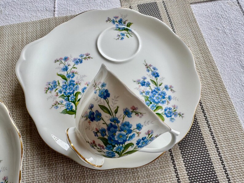 May include: A white porcelain teacup and saucer set with a forget-me-not floral pattern. The set is on a white and gray striped placemat.