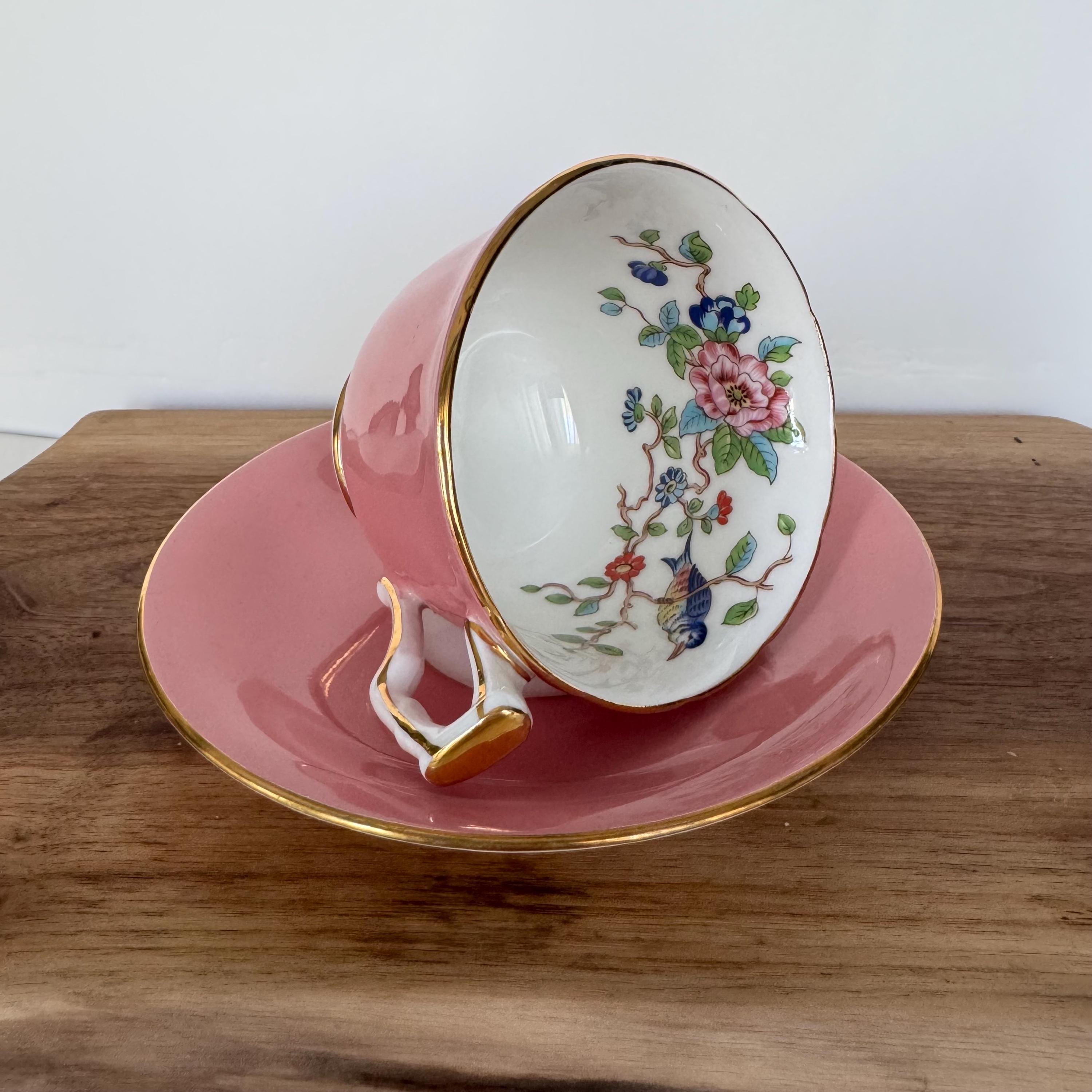 Rare Vintage Aynsley “Pembroke” Teacup & Saucer – Pink with Bird and Blossom Interior!