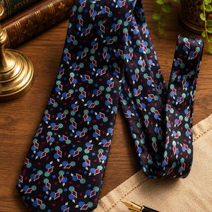 May include: A black necktie featuring a repeating pattern of small teal circles, blue circles, and maroon diamond shapes outlined in white. The fabric has a smooth, satin-like finish, and the tie is folded to display its length and pointed end.