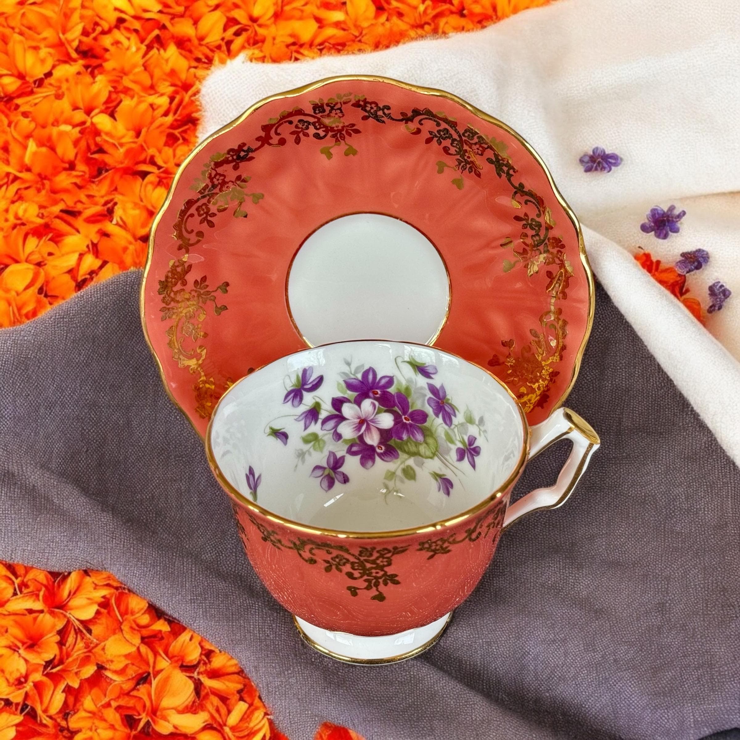 Rare Vintage Aynsley Teacup & Saucer – Coral Lustre with Violets Inside!