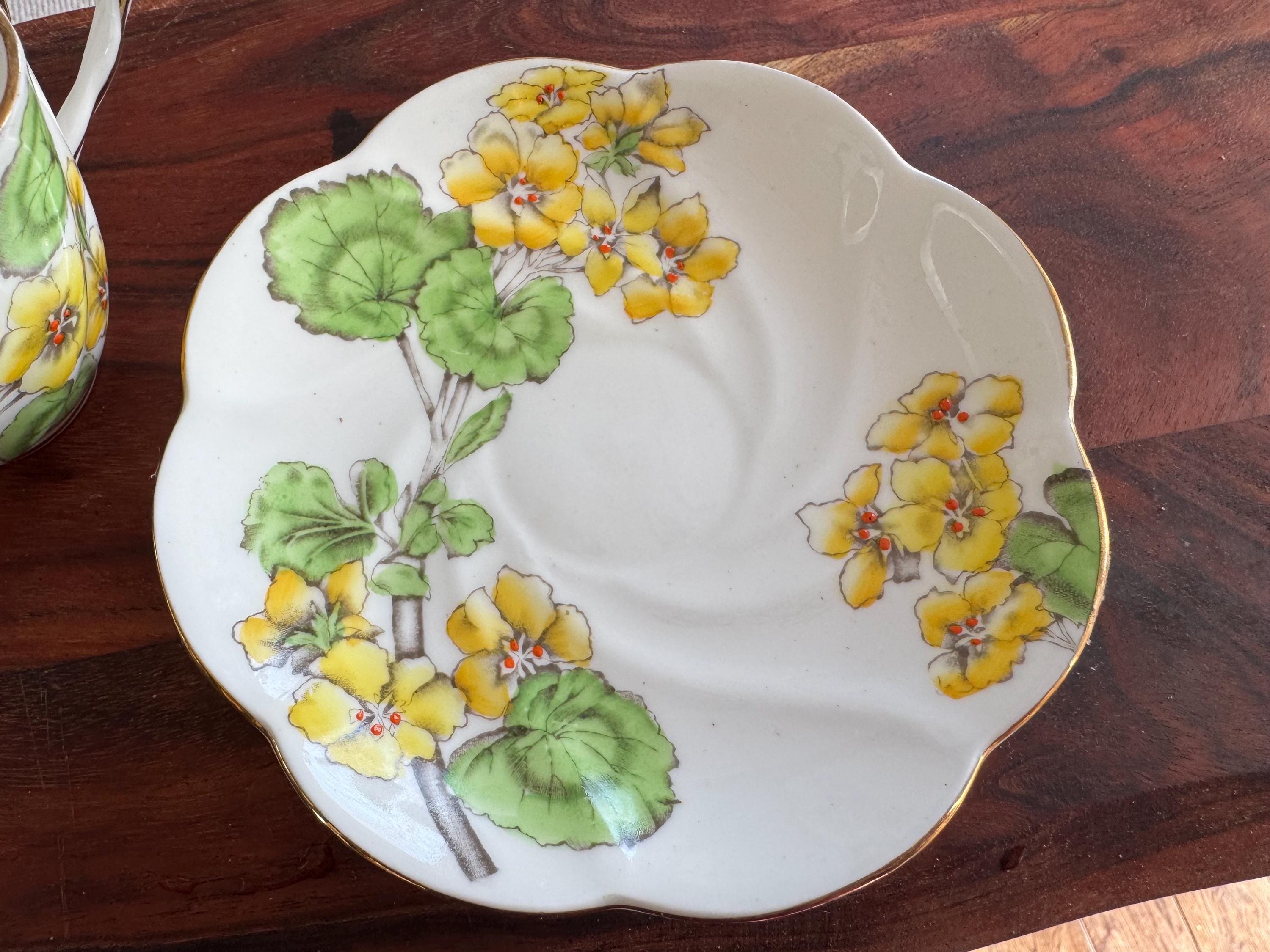 Vintage 1930s Salisbury Bone China Teacup & Saucer - “Geranium” Pattern - Yellow Floral Elegance