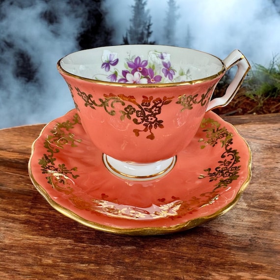 Rare Vintage Aynsley Teacup & Saucer – Coral Lustre with Violets Inside!