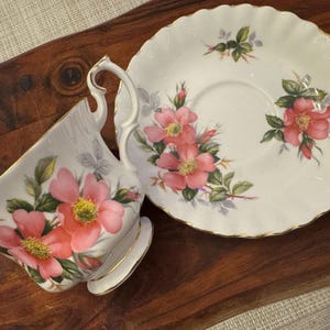 Puede incluir: Un juego de taza y platillo de t&eacute; blanco con un dise&ntilde;o floral. La taza y el platillo est&aacute;n decorados con rosas rosadas y hojas verdes.