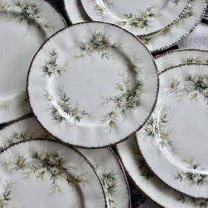 May include: A set of six white ceramic plates with a delicate floral design featuring white roses and green leaves. The plates have a scalloped edge and a gold rim.