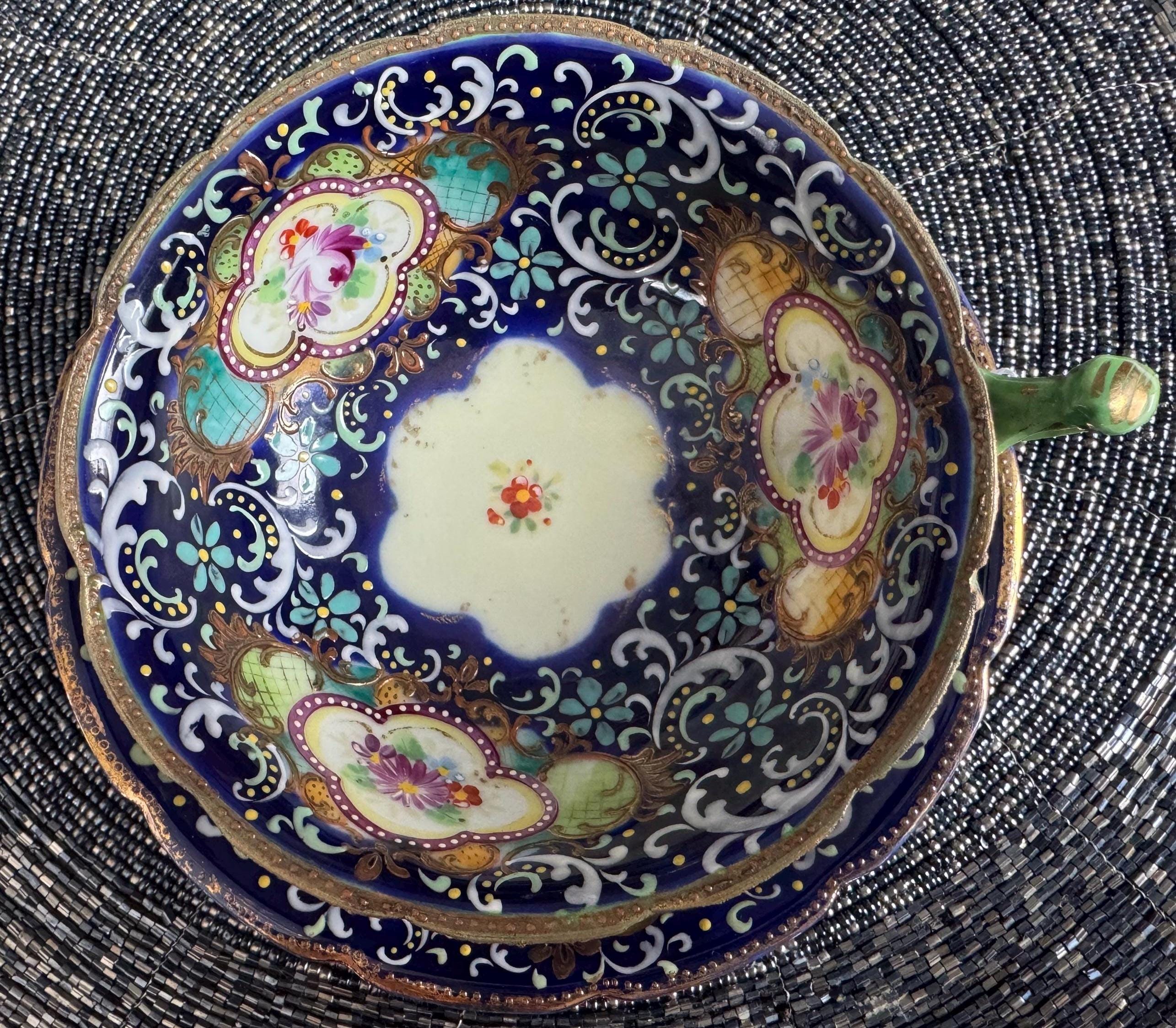 Antique 1880s Likely Nippon Japonisme Tea Cup & Saucer – Hand-Painted Moriage Gold Beading – No Stamp