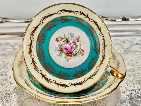 Vintage Foley Bone China Teacup & Saucer – Turquoise Gold with Floral Bouquet – Made in England
