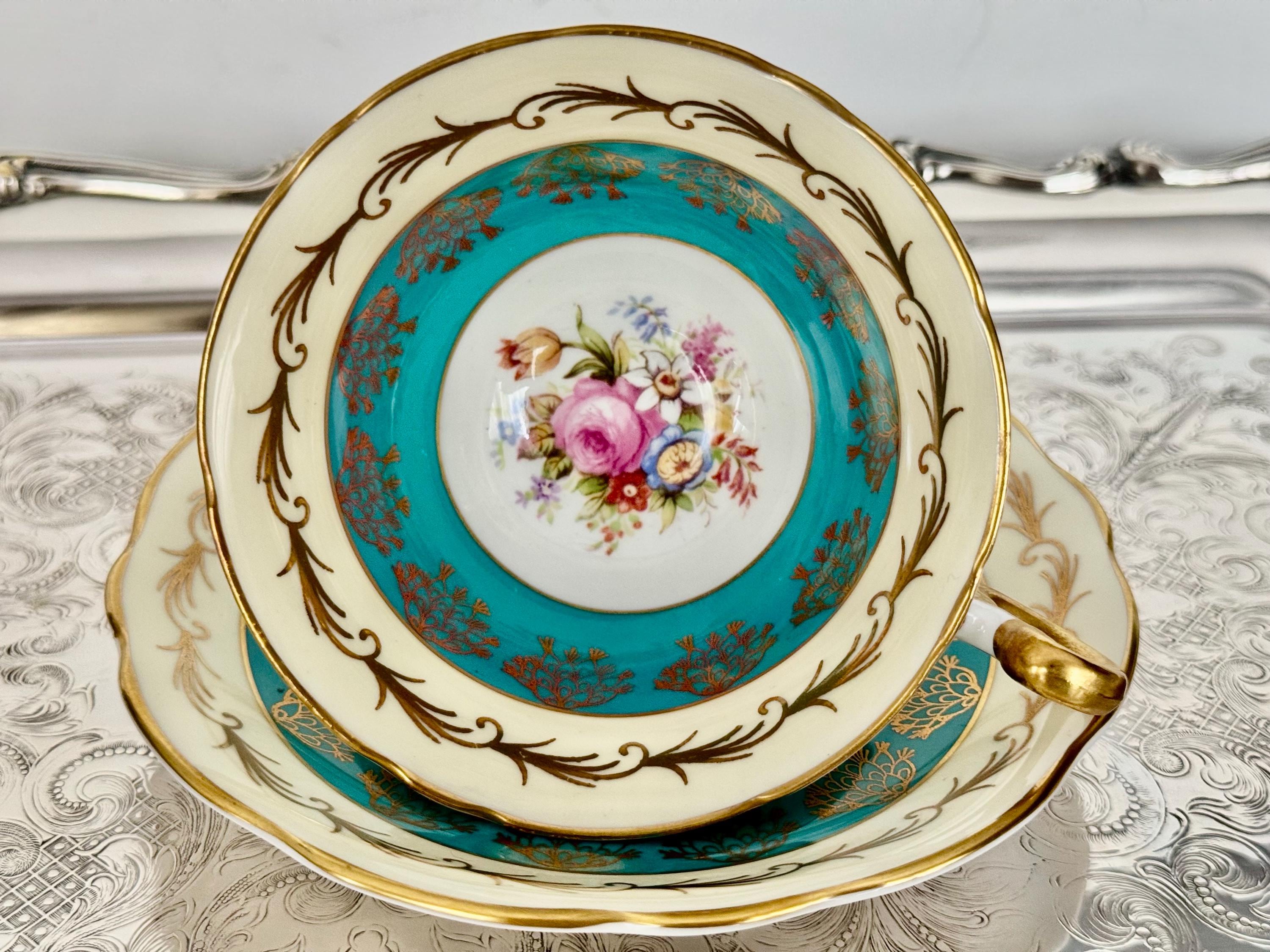 Vintage Foley Bone China Teacup & Saucer – Turquoise Gold with Floral Bouquet – Made in England