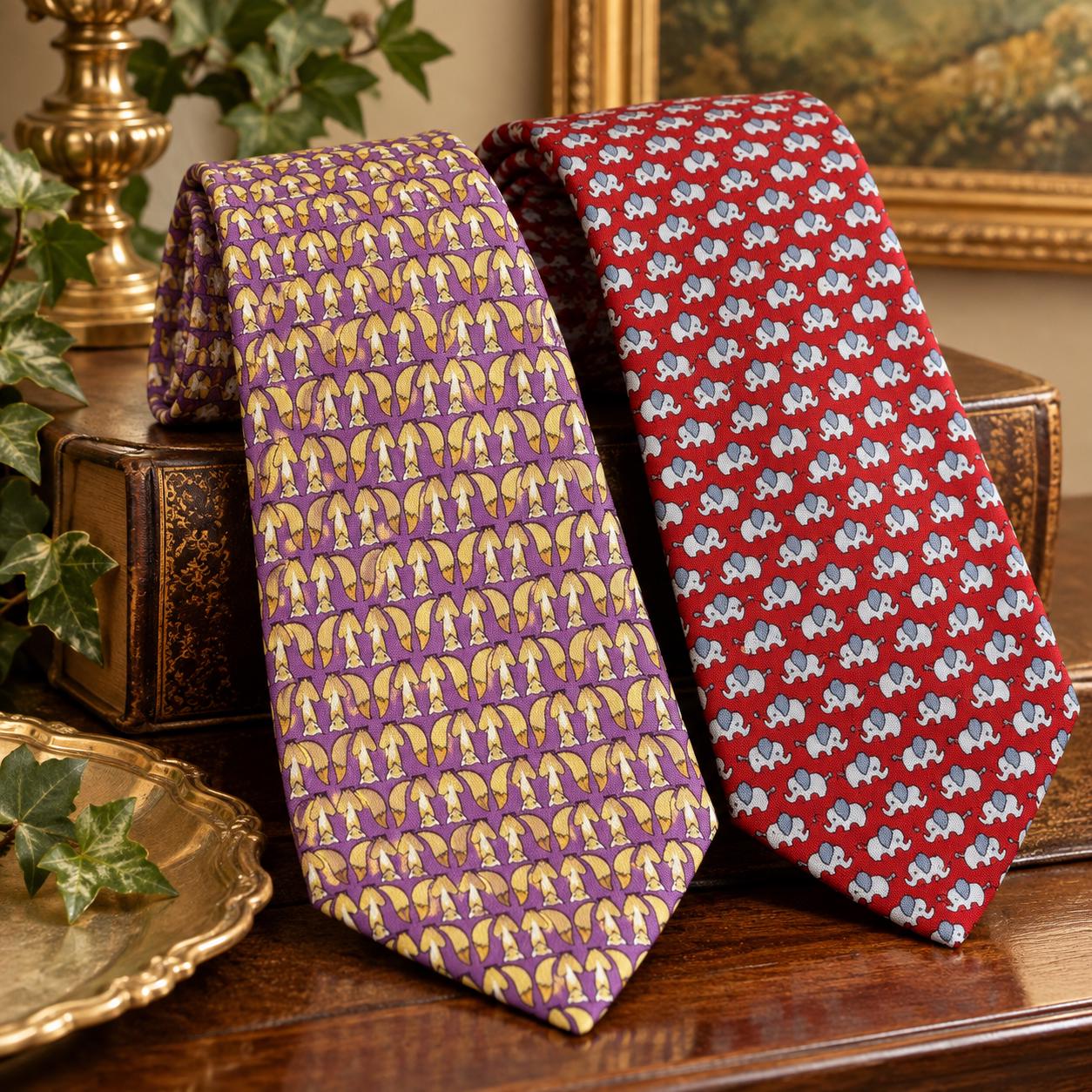Salvatore Ferragamo Silk Ties – Fox & Elephant Animal Motifs – Designer Neckties – Choice of Two