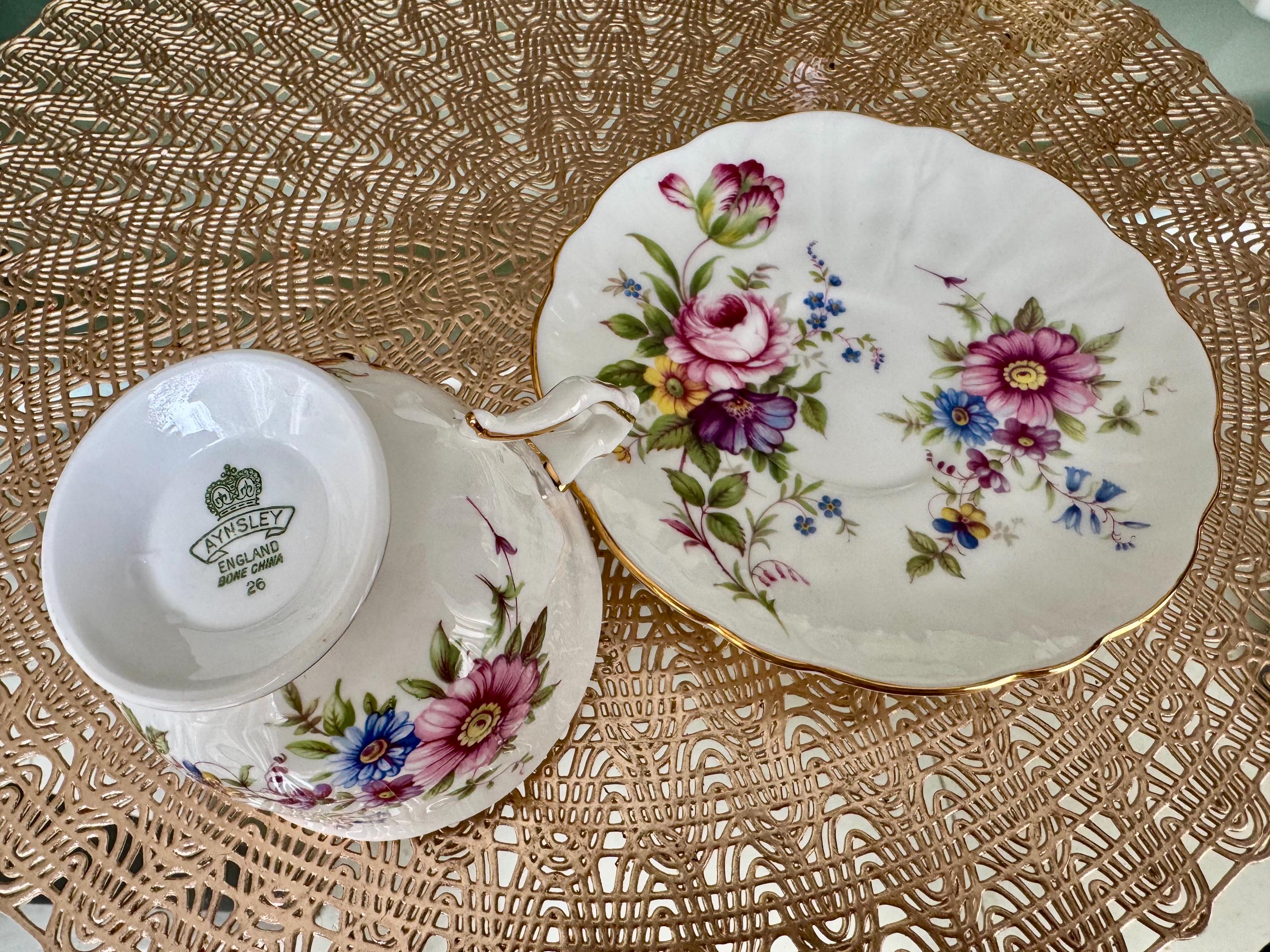 Vintage Aynsley Multicolor Floral Teacup & Saucer – Classic English Bone China – Made in England