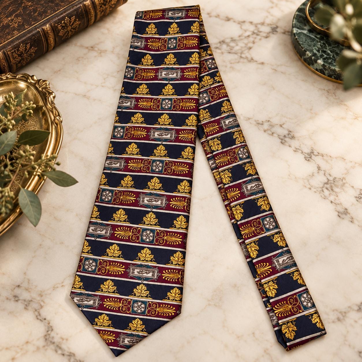 Vintage Domenico Franco Como 100% Italian Silk Tie, Made in Canada, Navy Burgundy Gold Baroque Necktie, Men’s Designer Tie