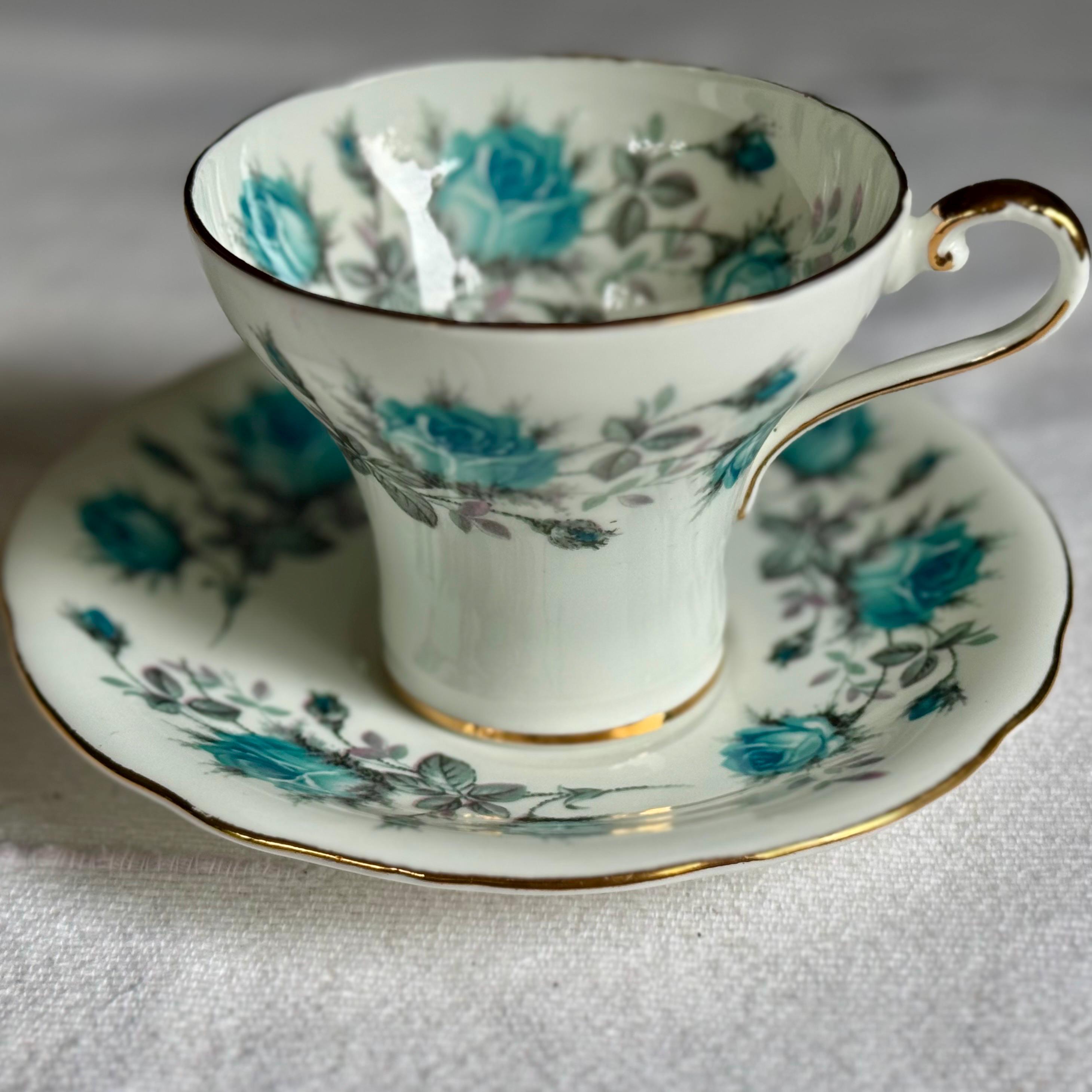 Aynsley Bone China Corset Teacup and Saucer – (2294 Blue Roses) – Made in England