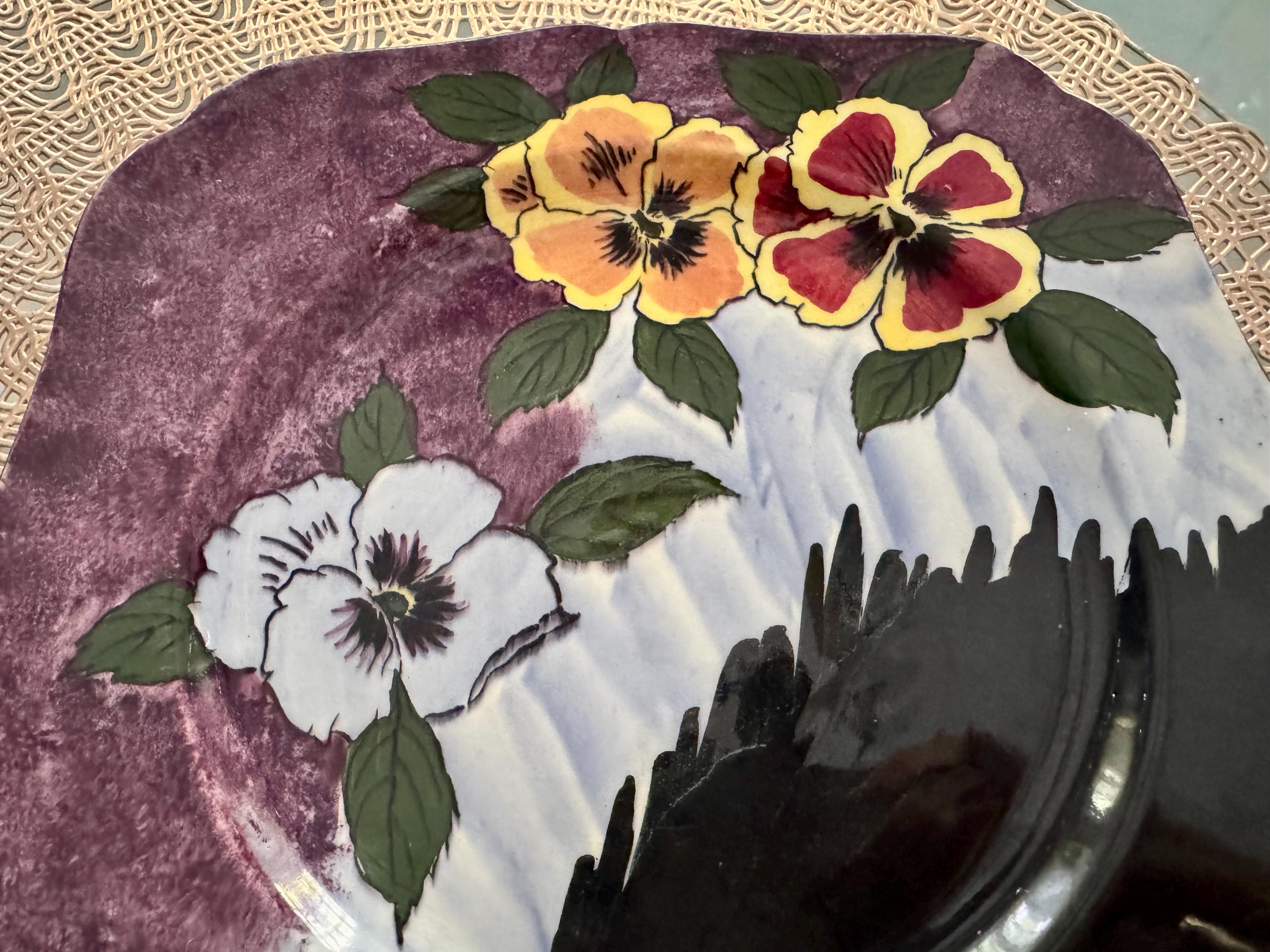 Vintage “Panola” Plate by HK Tunstall – 1930s–40s England – 8” – Maroon Floral Art Deco