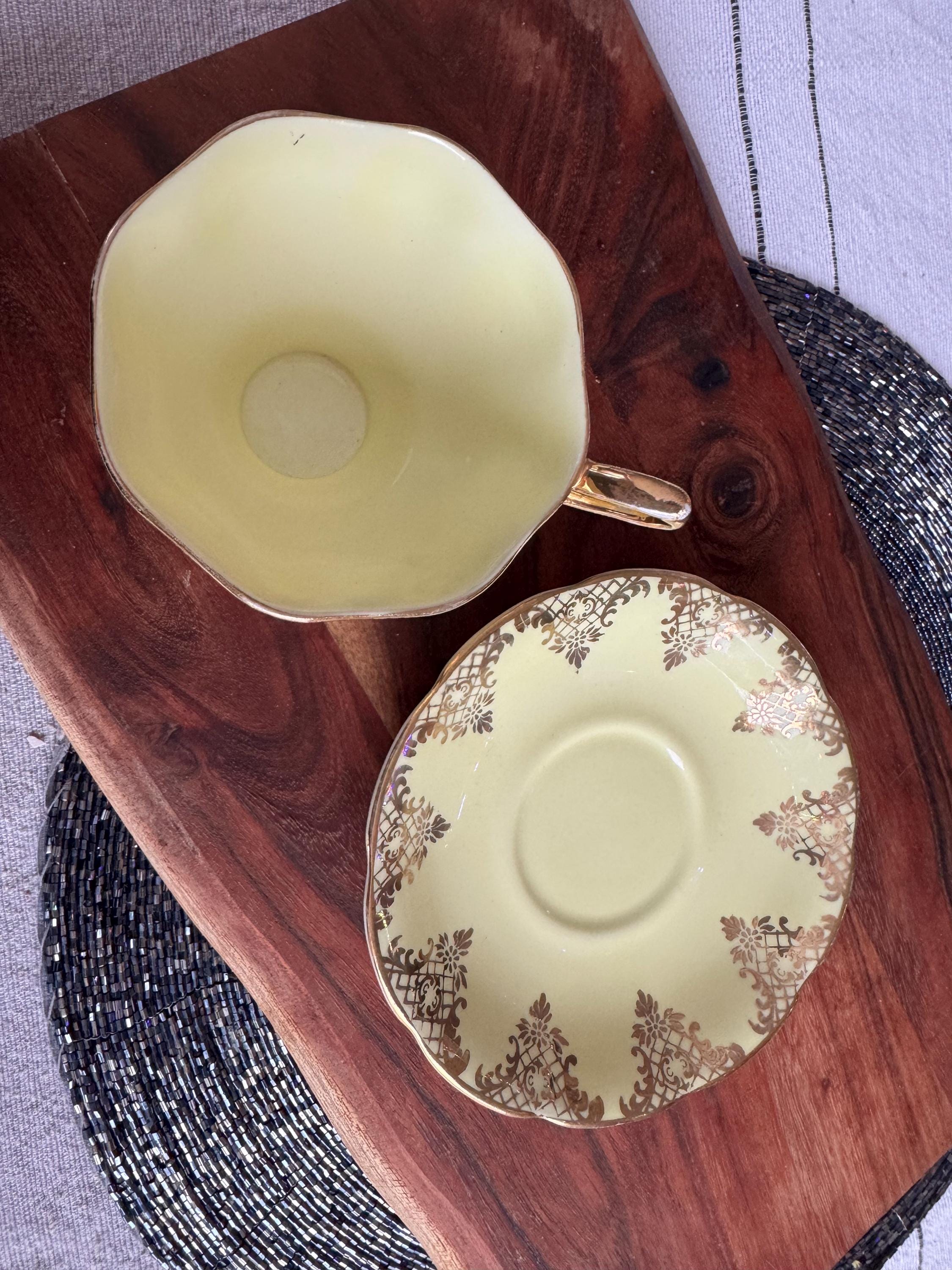 Royal Albert Bone China Teacup & Saucer - Pattern 426 - Elegant Vintage Yellow with Gold Design