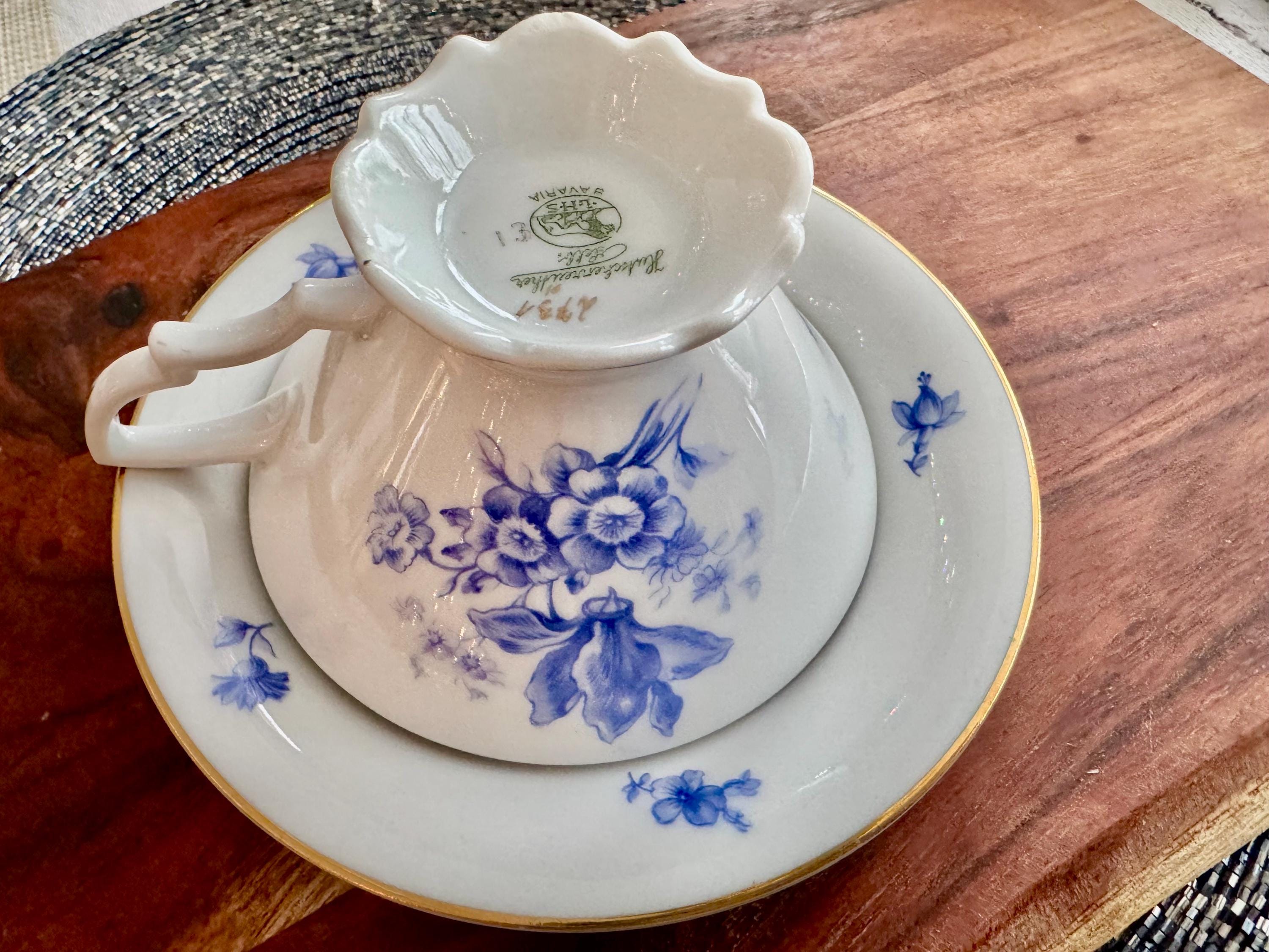 Hutschenreuther Bavaria 2731 Blue Floral Footed Cup & Saucer Set