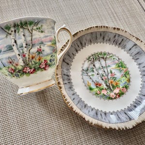 Pu&ograve; includere: Un set da t&egrave; bianco con una tazza e un piattino con un motivo floreale che presenta betulle, fiori e un lago. Il piattino ha un motivo a corteccia di betulla grigio e bianco.