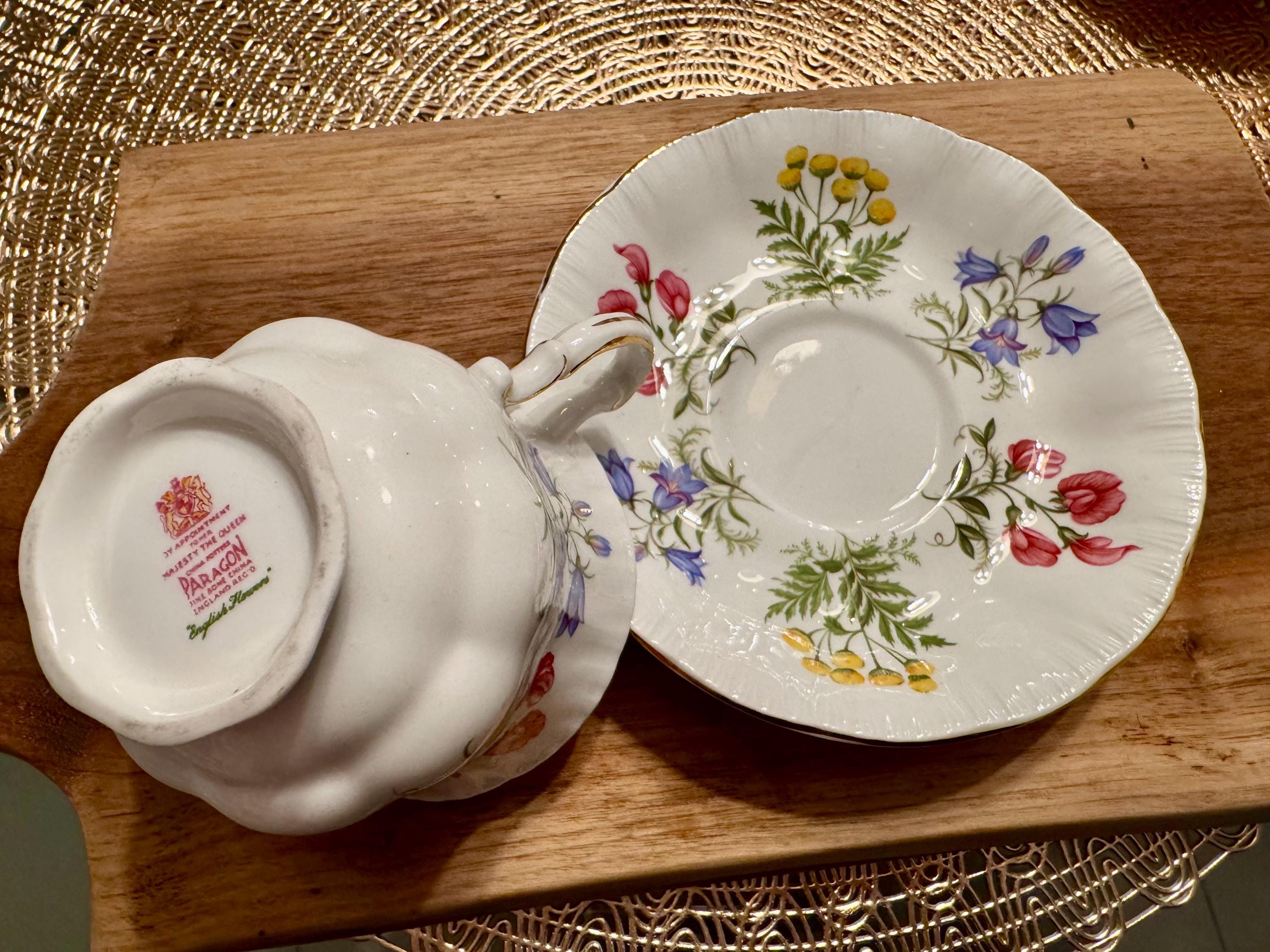 Vintage Paragon Bone China Teacup and Saucer - “English Flowers” with Gold Trim (1957-1960)