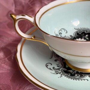 Vintage Paragon Teacup Saucer – Pale Aqua Floral Medallion Gold Trim Bone China image 4