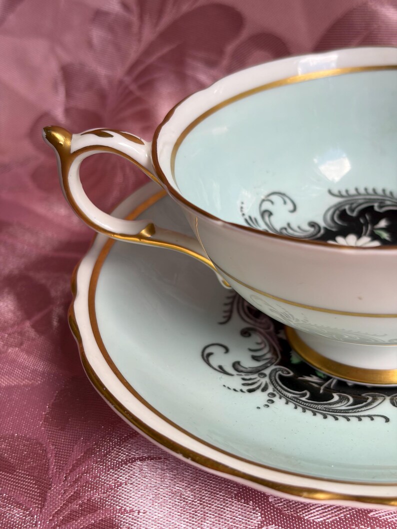 Vintage Paragon Teacup Saucer – Pale Aqua Floral Medallion Gold Trim Bone China image 4