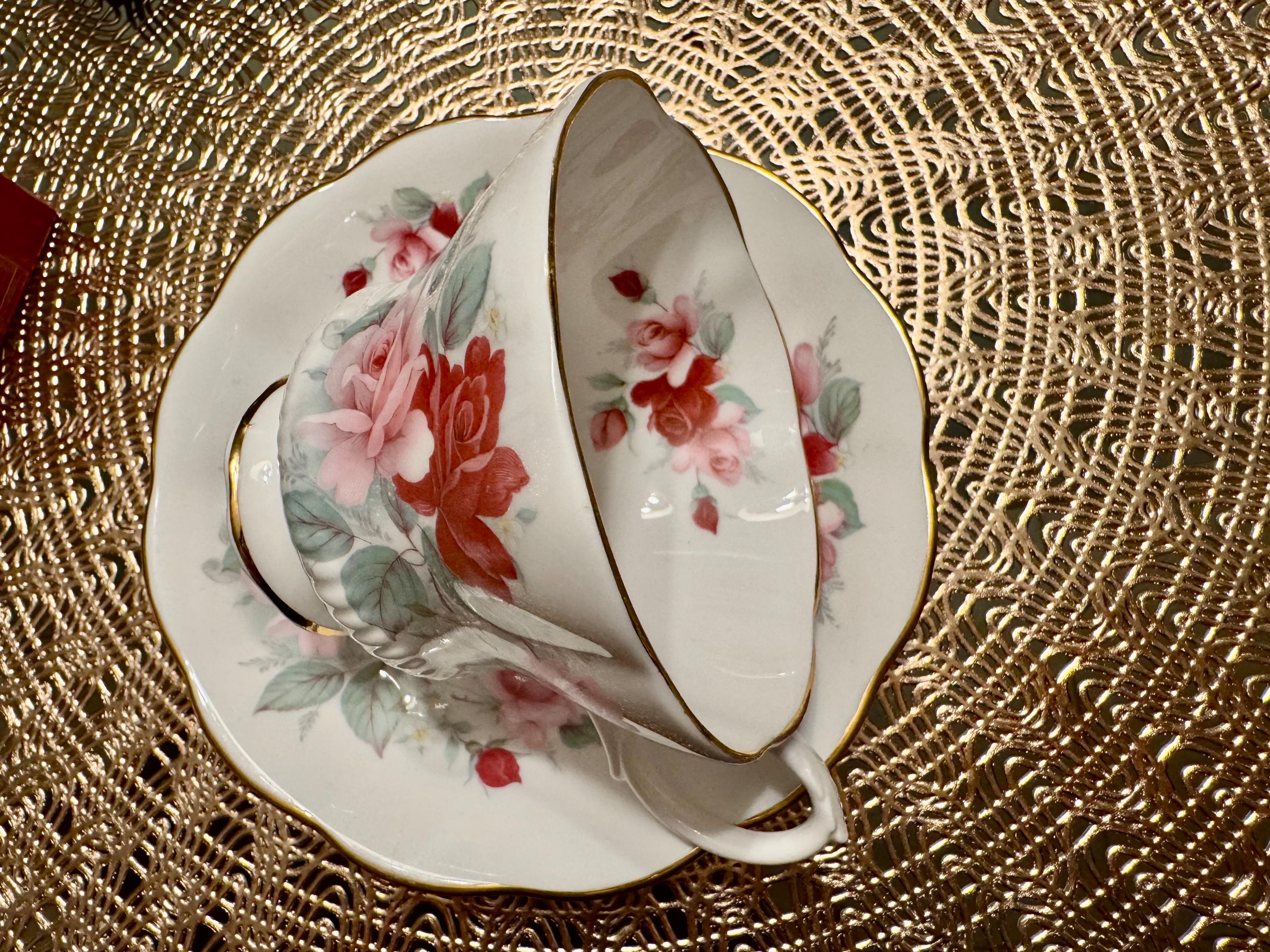 Vintage Royal Albert Corset-Shaped Tea Cup and Saucer Set - Pink and Red Roses