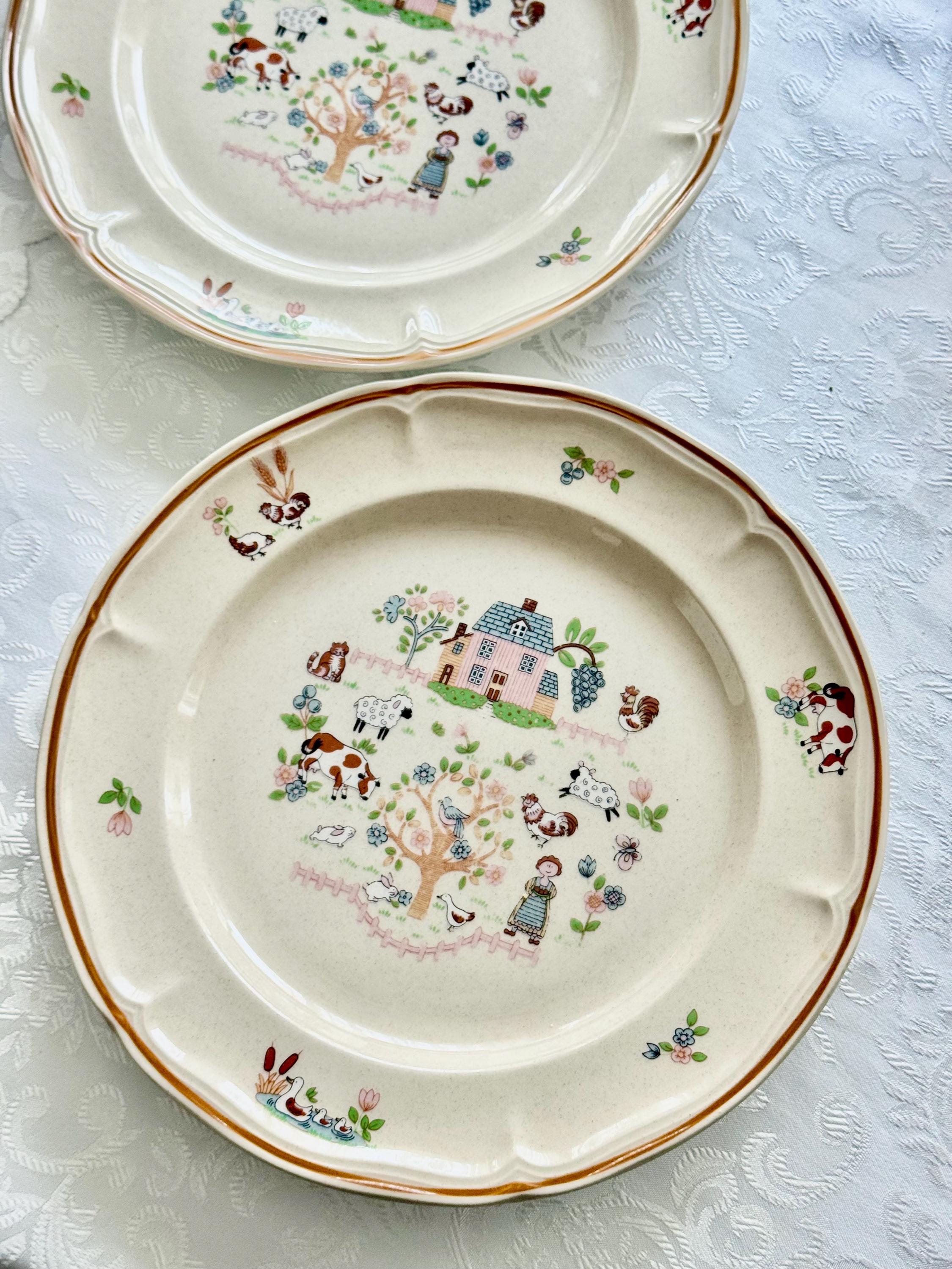 Vintage Japanese Stoneware Dinner Plate 10.5” — Farmhouse Pastoral Scene — Made in Japan